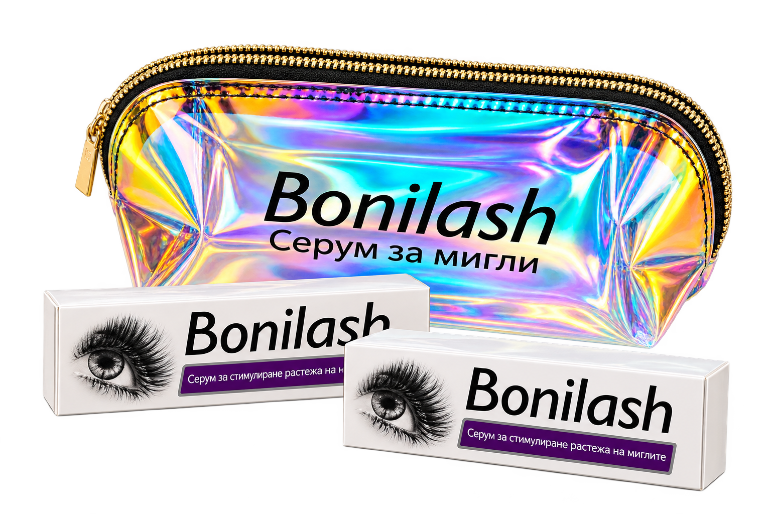 Подаръчна опаковка Special Edition Bonilash с лилава панделка върху холографска чанта