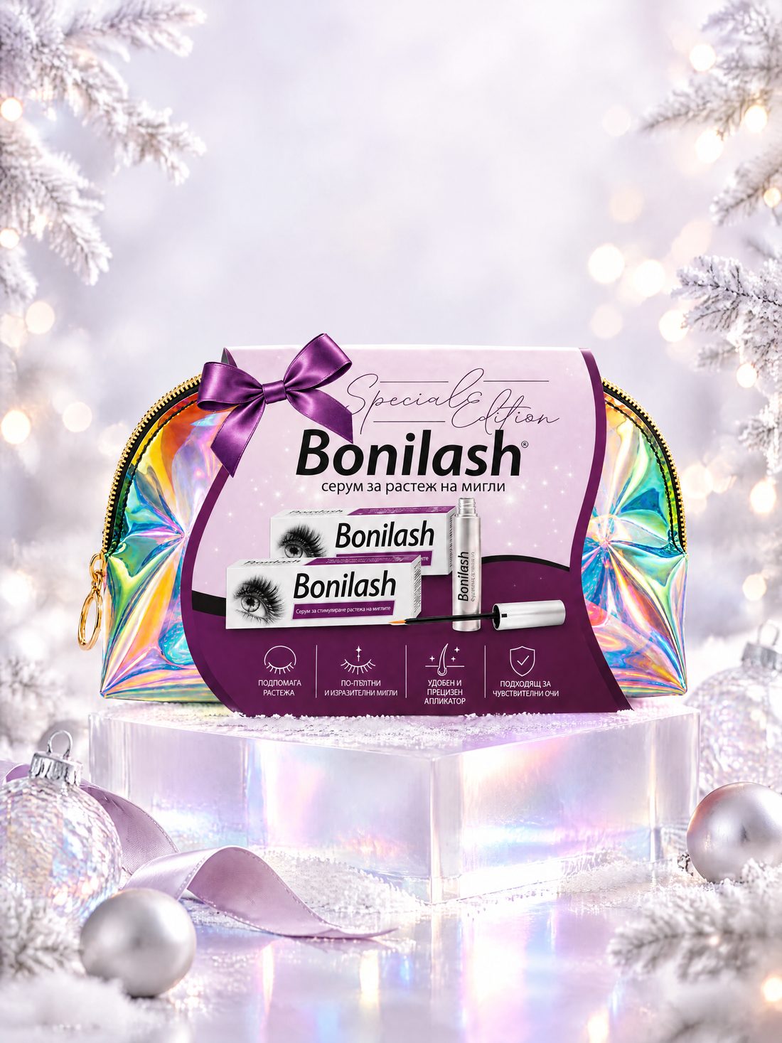Bonilash Special Edition – козметична чанта с холографски отблясъци, два серума за мигли и лилава панделка на фона на заснежени елхови клонки